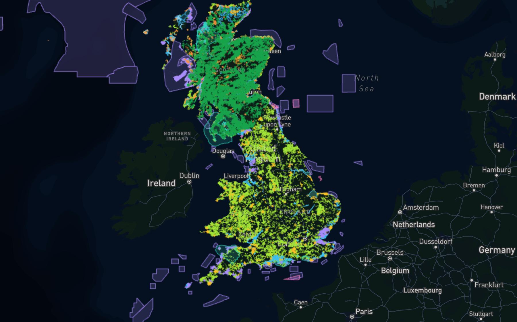 The biodiversity & natural capital map, showing its data layers across the UK