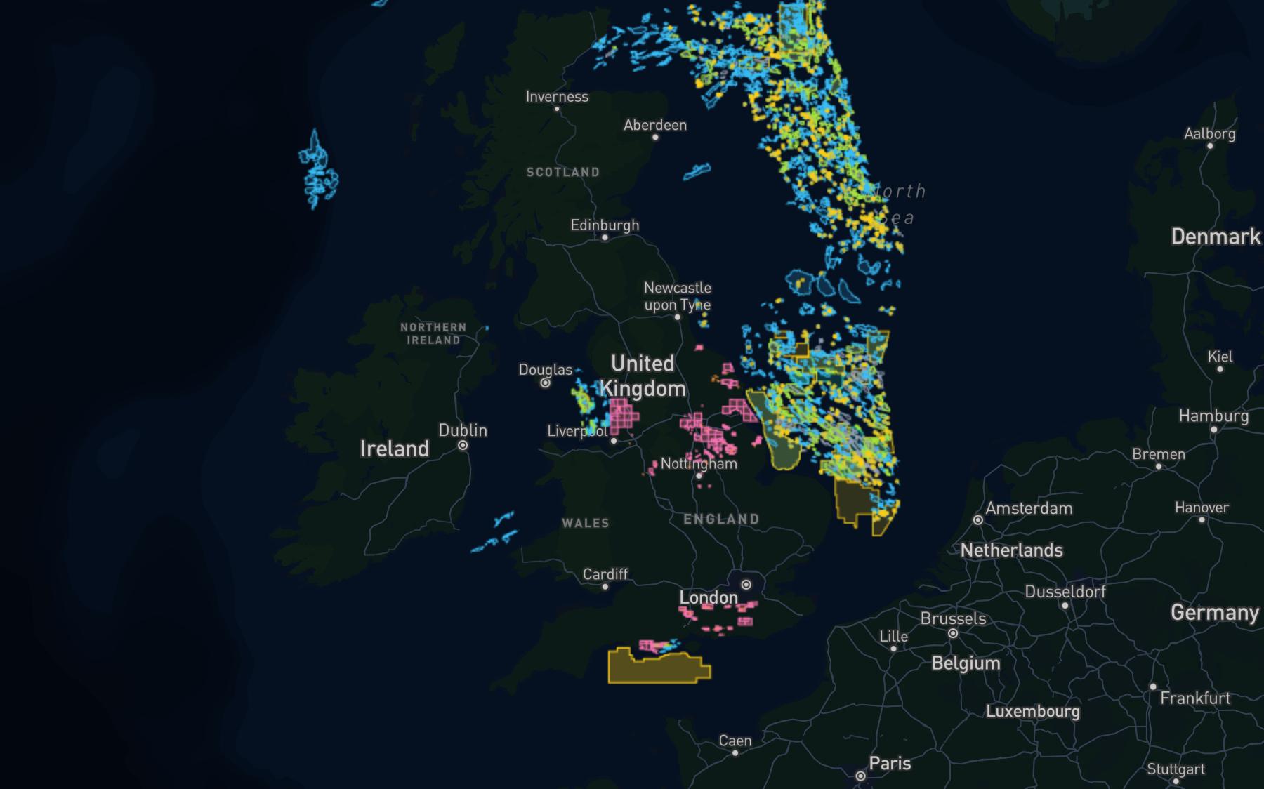 The hydrogen & ccus networks map, showing its data layers across the UK